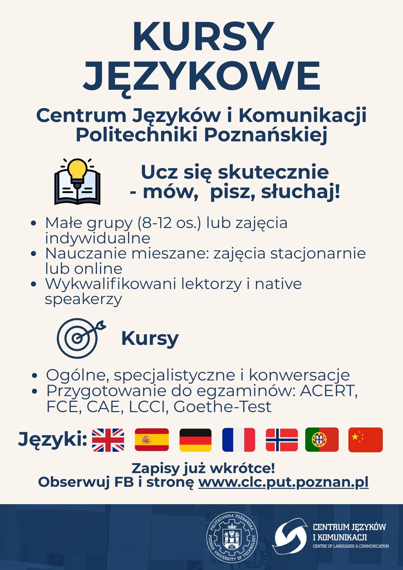 Grafika zawierająca oferte kursów językoweych organizowanych przez Centrum Językó i Komunikacji PP