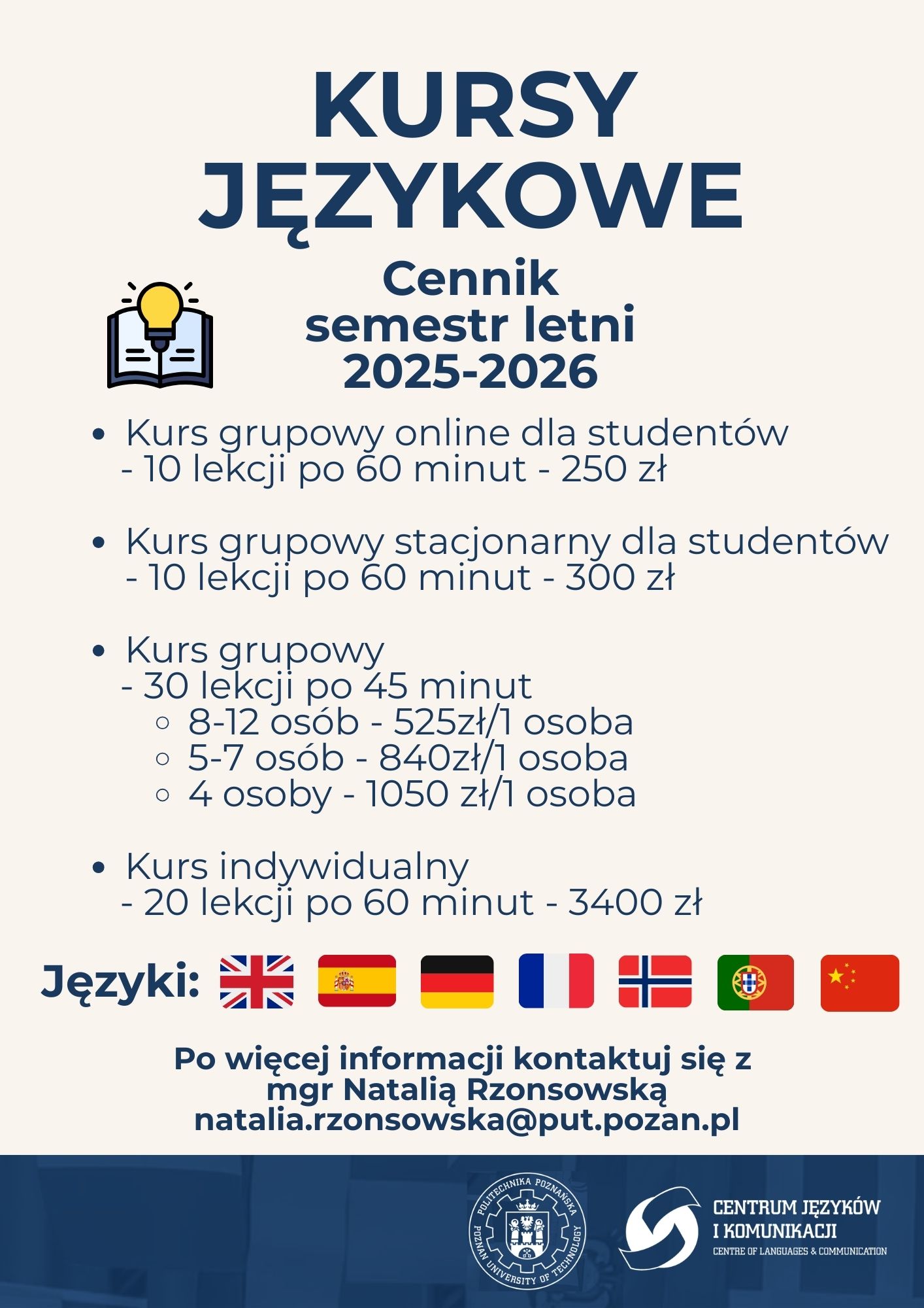 Grafika zawierająca ofertę z cennikiem kursów językoweych organizowanych przez Centrum Językó i Komunikacji PP