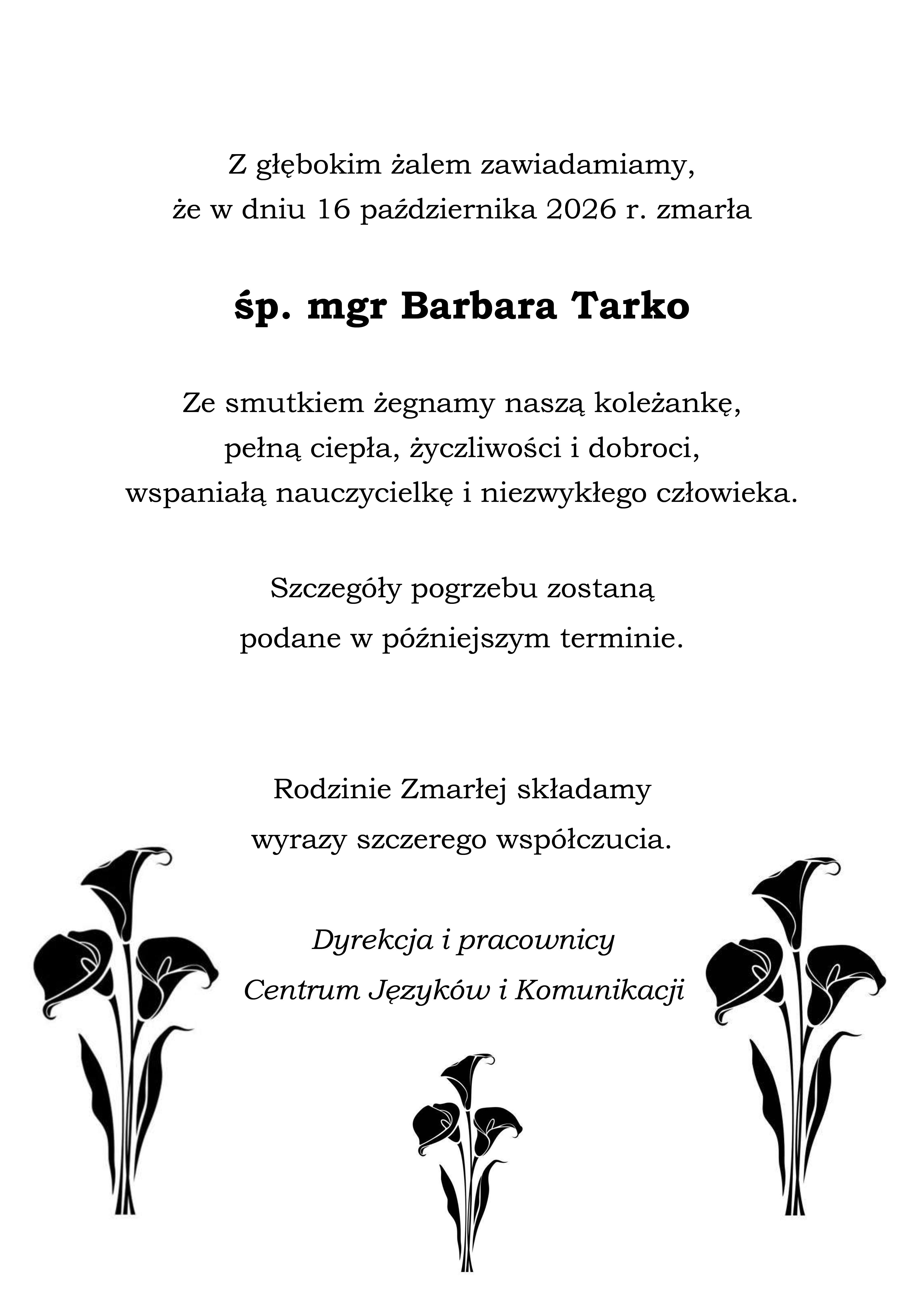 tekst mówiący o smiergi mgr Barbary Tarko, Nauczyciela akademickiego Centrum Języków i Komunikacji Politechniki Poznańskiej