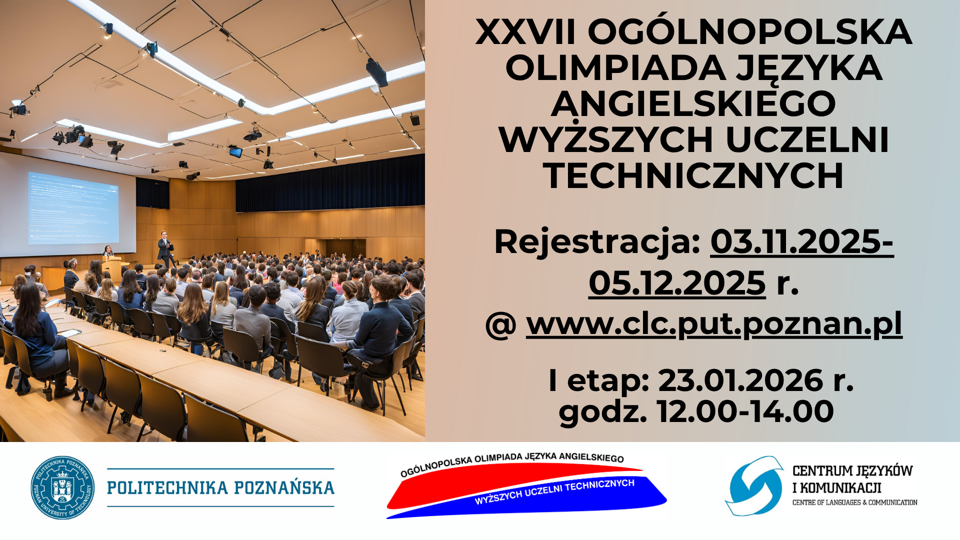 Obrazek sali wykładowej ze studentami. Treść zaprosznia na XXVII Olimpiadę języka angielskiego