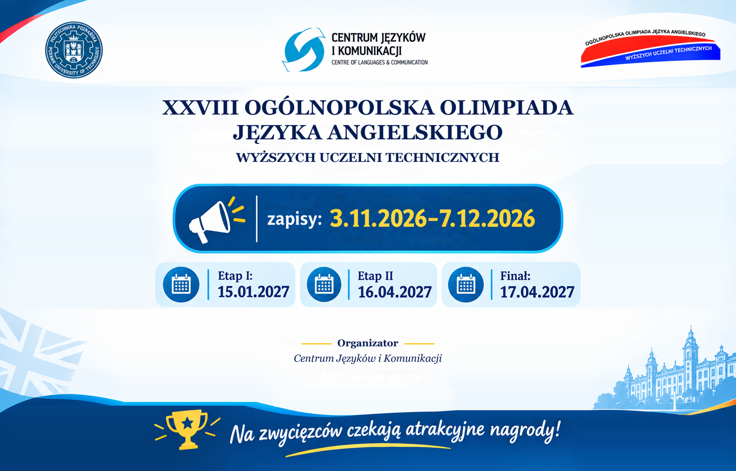 Grafika z informacjami o zapisach, I, II etapie oraz finale Olimpiady Języka Angielskiego.