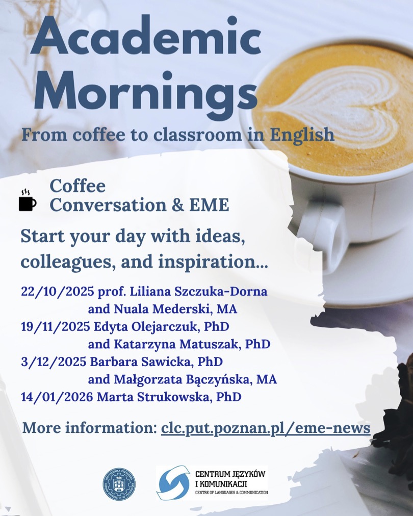 grafika dekoracyjna zapraszająca na Academic Mornings. Informacje o prowadzących oraz terminach spotkań.