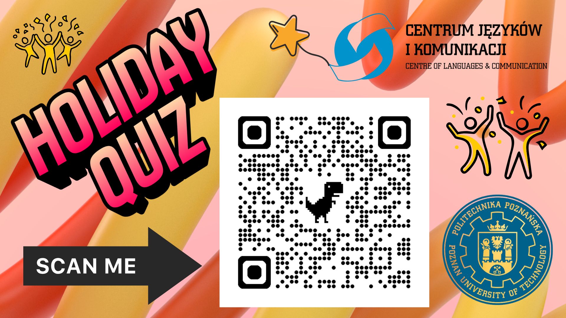 Grafika zawierająca logotypy Politechniki Poznańskiej, Centrum Języków i Komunikacji oraz Qr kod do konkursu