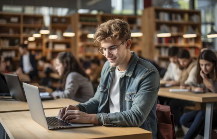 Portret mlodego studenta siedzącego przy biurku z laptopem w sali wykładowej