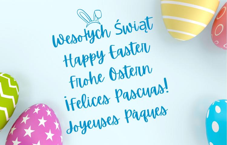obrazek dekoracyjny z napisami Weosłych Świąt w 5 językach