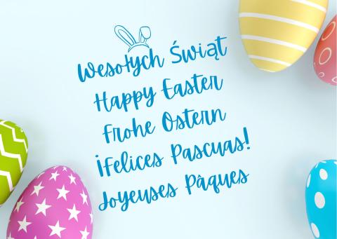 obrazek dekoracyjny z napisami Weosłych Świąt w 5 językach